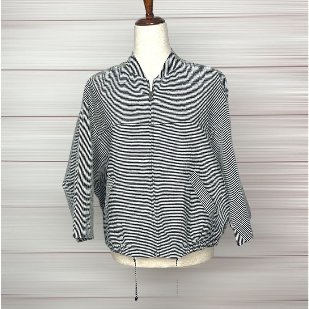 Christian Wijnants Linen Cotton Striped Lightweight Batwing Sleeves  Zip Jacket